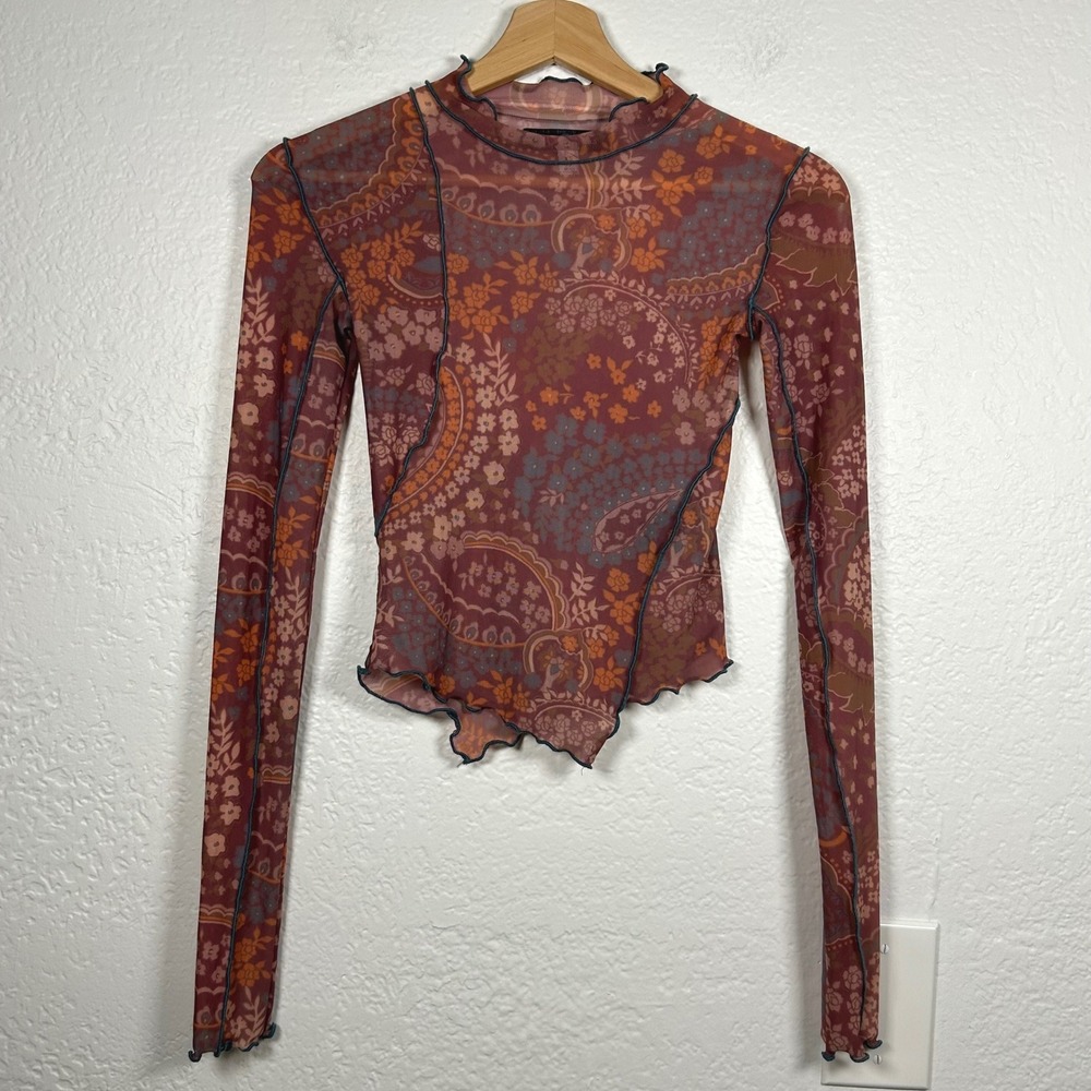 Urban Outfitters Red Orange Paisley Mesh Mock Neck Lettuce Edge Top Size XS